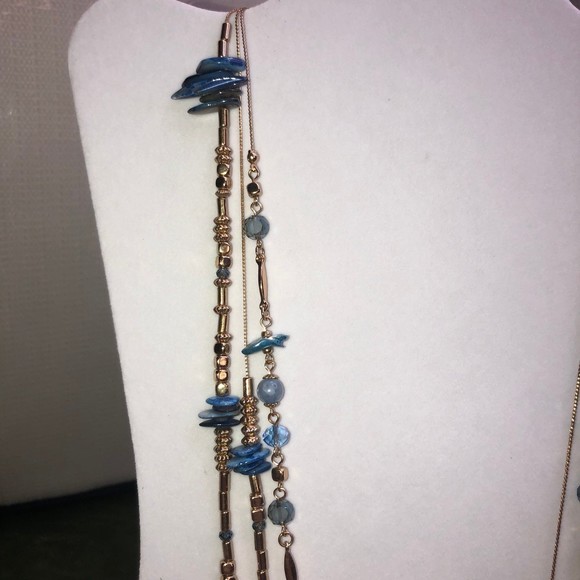 Very Long Triple Strand Goldtone & Blue Painted Shells Necklace 36” - Picture 5 of 12